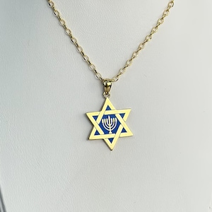 14k Solid Gold Star of David Pendant, Hanukkah Menorah, Protective Charm Blue Enamel Necklace, Gift for Her, 585 Yellow Gold, Amulet