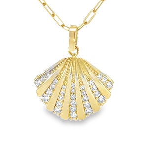 14k Solid Gold Sea Shell Pendant with Cubic Zirconia Necklace Charm -  Gift for Her, Women - Marine Collection