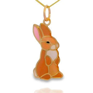 14k Solid Gold Rabbit, Bunny Pendant Hand-Painted Charm Necklace, Animal Lover Gift,  Adjustable Chain 0.5mm or Solid Link 1mm