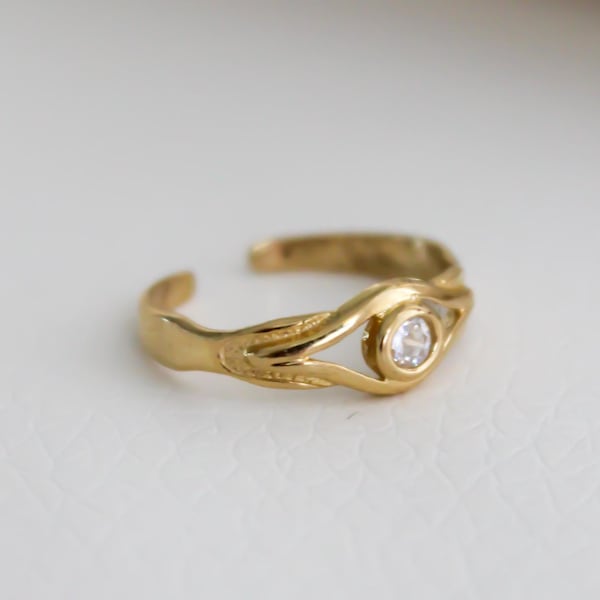 Anillo para el dedo del pie de oro macizo de 10k, piedra de circonita cúbica, anillo para el dedo del pie resistente al agua - Anillo ajustable de oro para el dedo del pie - Sello de 10k, Regalo para ella, Amarillo
