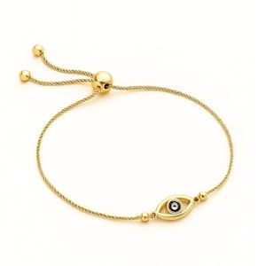10k Solid Gold Abstract Evil Eye Bracelet Protective Amulet, Wheat Spiga Link Adjustable, Gift for Her, 10k Stamped, Pull to Adjust Bracelet