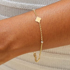 14k Solid Gold Clover Bracelet, Flower, Adjustable from 7&quot; to 7.5&quot; 1.5mm Rolo Chain with White Gold Beads, Gift for Women, Lobster Clasp