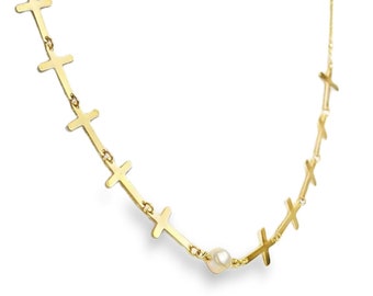 14k SOLID Gold Cross Necklace with Pearl Cable Chain 1mm 17&quot; - 18&quot;, Gift for Women, Girl - Religious Jewelry