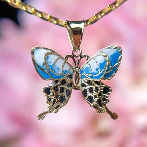 14k Solid Gold Butterfly Hand-Painted Double Charm 3D Necklace, Black, Green, Gold, Animal, Insect Jewelry - Gift for Women, Her, 585 Yellow