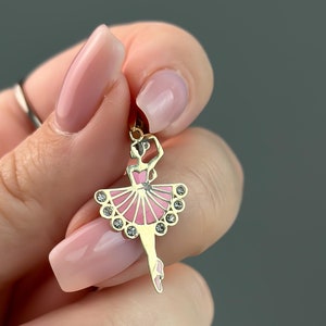 14K Solid Gold Ballerina Pendant Pink Hand-Painted Charm Necklace - Gift for Women, Girl, Her