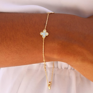 14k Solid Gold Dainty Clover Bracelet, Flower, Adjustable from 7&quot; to 7.5&quot; 1mm Cable Chain, Gift for Women, Authenticity Stamp, Spring Clasp