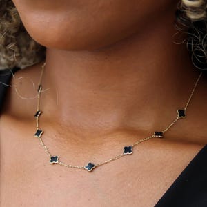 14k SOLID Gold Black Clover Necklace, Enamel 4 Leaf Clover, Flower