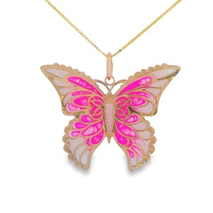 14k Solid Gold Butterfly Pendant Pink and White Hand-Painted Necklace, Animal, Charm, Gift for Her, Women