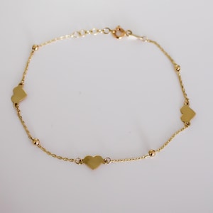 14k Solid Gold Dainty Heart Bracelet Adjustable from 7&quot; to 7.5&quot; 1mm Cable Chain with Beads, Gift for Women, Authenticity Stamp, Spring Clasp