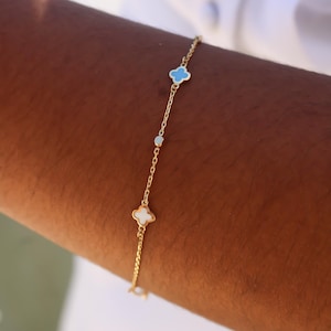 14k Solid Gold Dainty Clover Bracelet, Flower, Adjustable from 7&quot; to 8&quot; 1mm Cable Chain, Gift for Women, Authenticity Stamp, Spring Clasp
