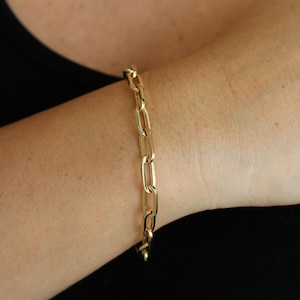 14k SOLID Gold Paper Clip Bracelet 6mm Necklace 7.5&quot;- Gift for Men, Women (UNISEX) - Spring Clasp 585 or 14k Stamp, Thick Yellow Bracelet
