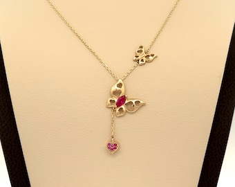 14k Solid Gold Flying Butterflies Necklace w/ Cubic Zirconia, Layering, Pave Pink Heart Necklace, 1mm Adjustable Necklace, Gift for Her