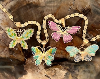 14k Solid Gold Butterfly Pendant Hand-Painted Charm - Pink, Yellow and Blue Necklace, Animal, Insect Jewelry, Gift for Her
