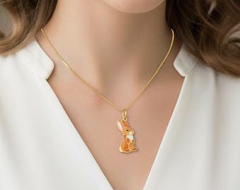 14k Solid Gold Rabbit, Bunny Pendant Hand-Painted Charm Enamel Necklace, Animal Lover Gift,  Adjustable Chain 0.5mm or Cuban Link 1mm