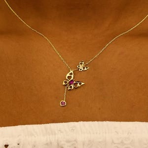 14k Solid Gold Flying Butterflies Necklace w/ Cubic Zirconia, Layering, Pave Pink Heart Necklace, 1mm Adjustable Necklace, Gift for Her