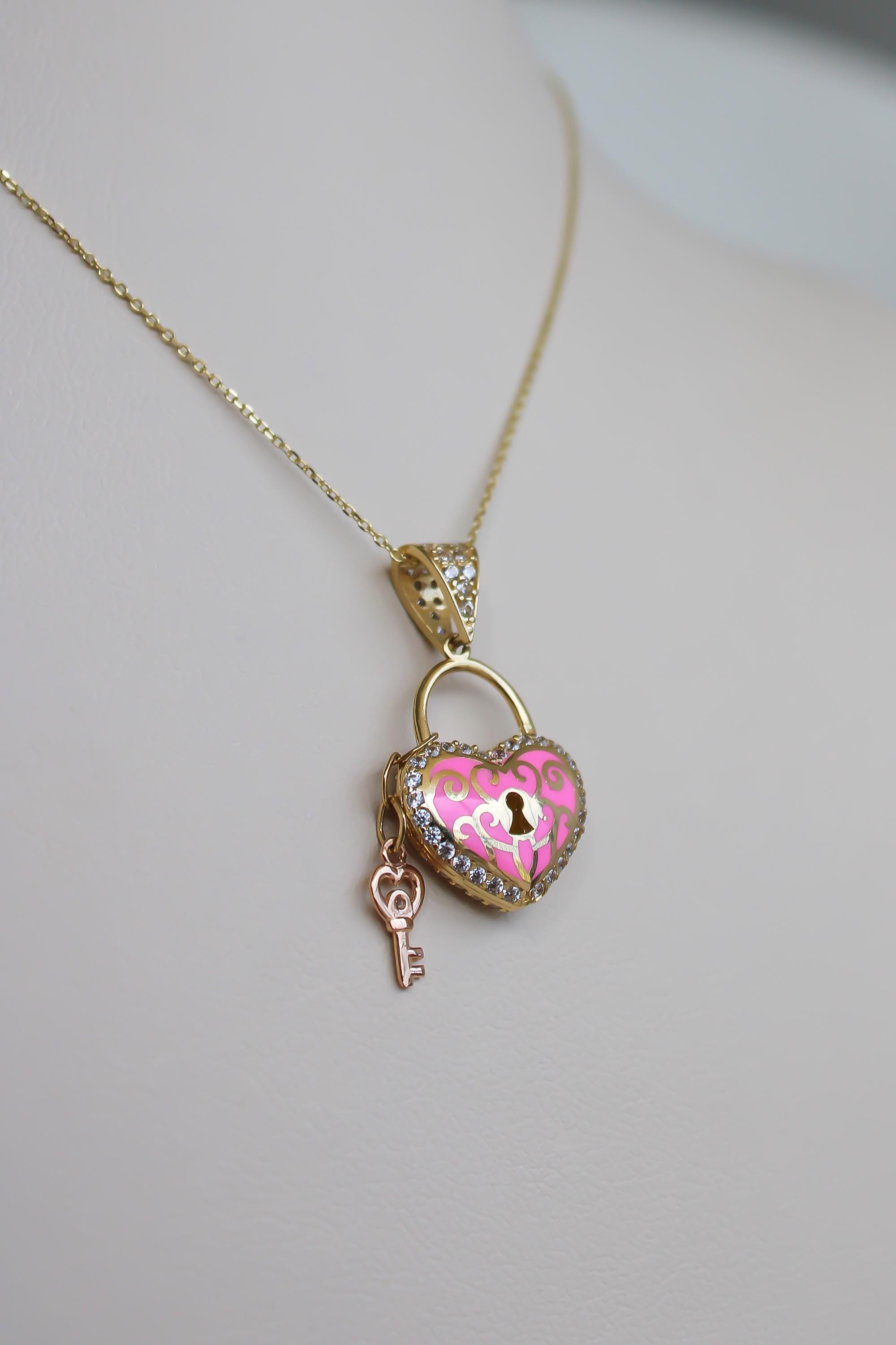 14k Solid Gold Lock Pendant, Key Charm, Necklace, Cubic Zirconia