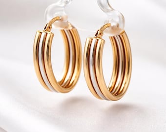 Orecchini a cerchio ovali lunghi in oro giallo 14KT + oro bianco, lunghezza 40,48 mm, design bicolore, nuovi - Italia