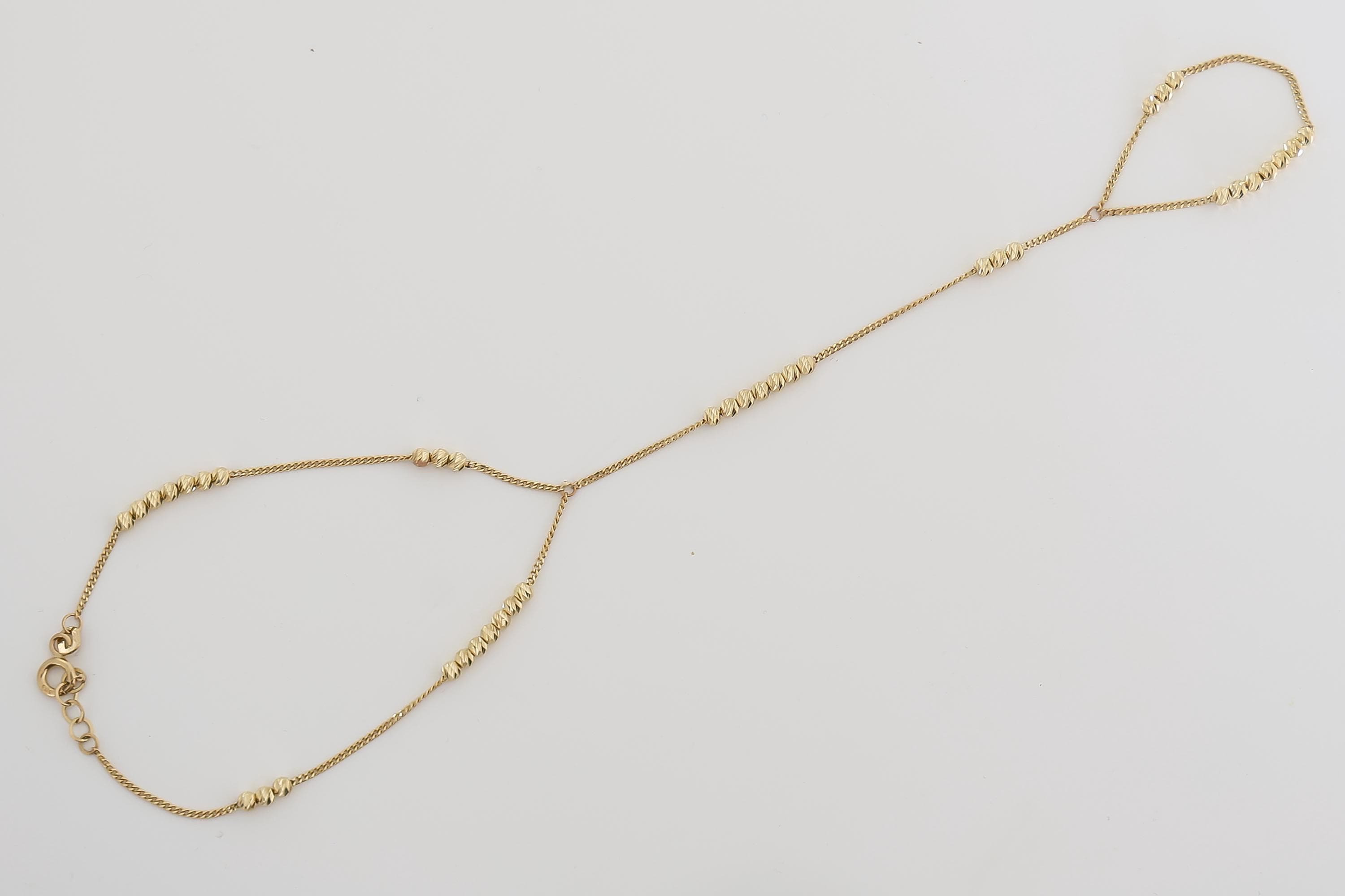 Handlet Chain 14k Solid Gold Hand Chain Bracelet, Ball Beaded Ring Bracelet, Hand ...