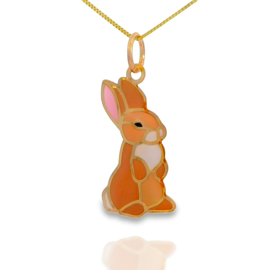 14k Solid Gold Rabbit, Bunny Pendant Hand-painted Charm Necklace ...