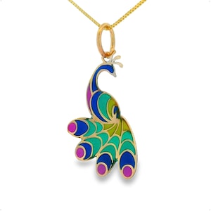 14k Solid Gold Peacock Pendant  Hand-Painted Charm Green and Blue Necklace, Animal Bird Jewelry, Gift for Her, Women