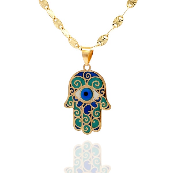 Hand-Painted Nautical Wave and Abstract Evil Eye in Hamsa Hand Pendant - 14k Solid Gold