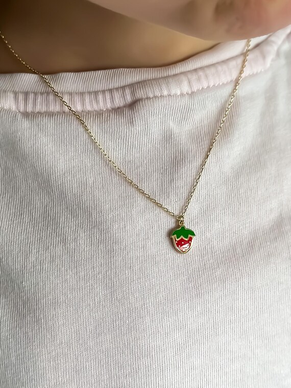 14k Solid Gold Kid, Baby Necklace, Cable Chain - Strawberry 14