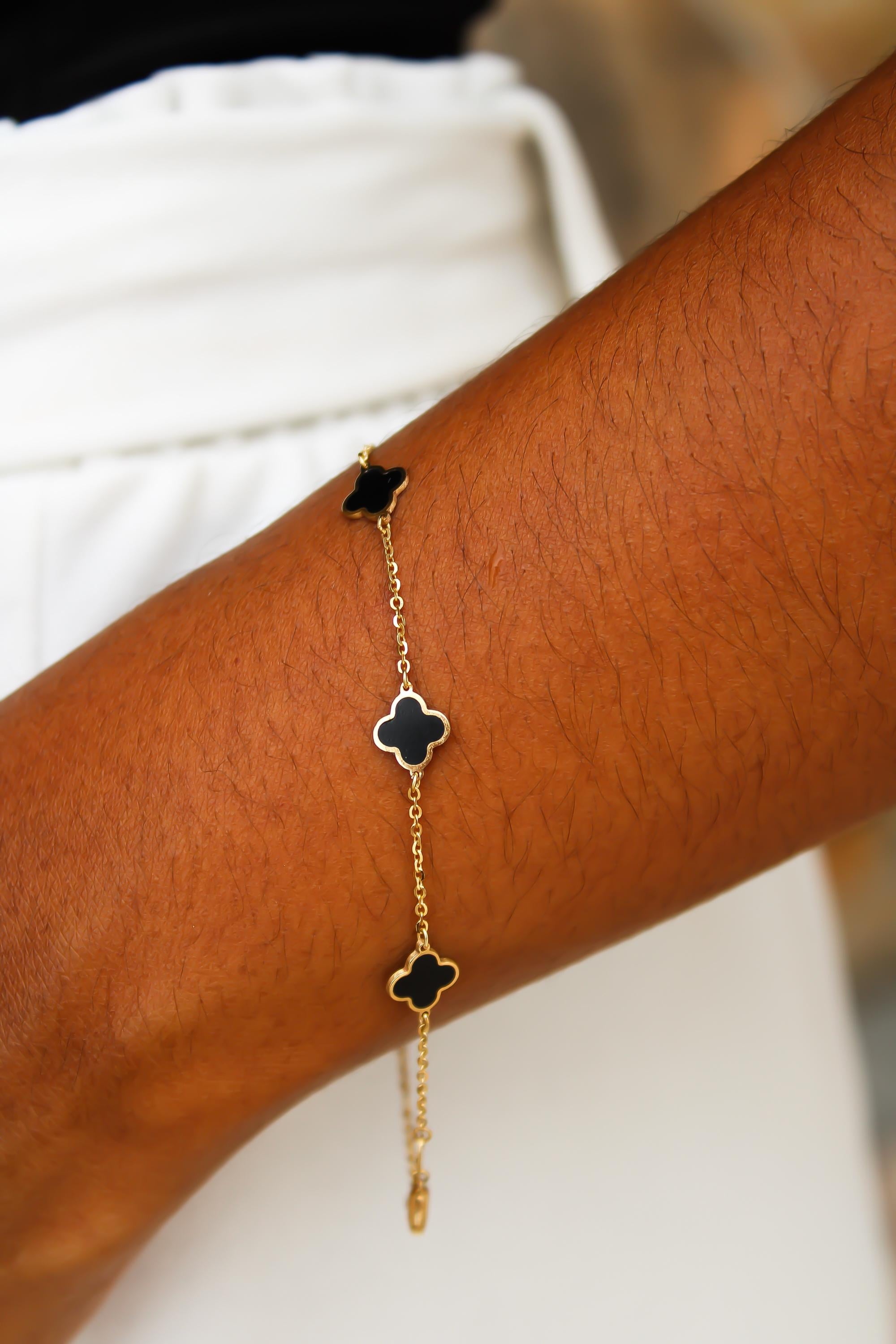 14k Solid Gold Black Clover Bracelet, Flower, Adjustable From 7