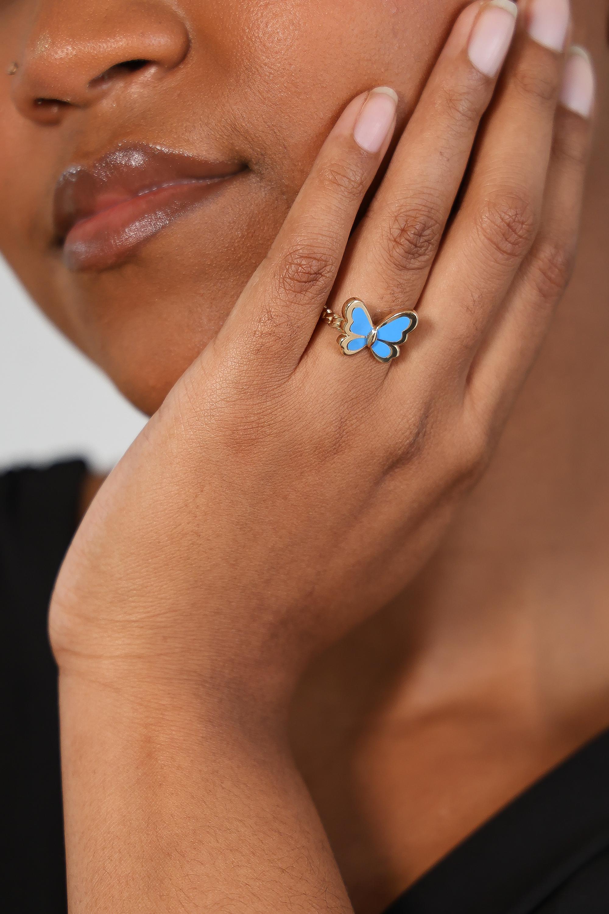 14k Solid Gold Blue/pink Butterfly Ring, Hand-painted Animal Ring