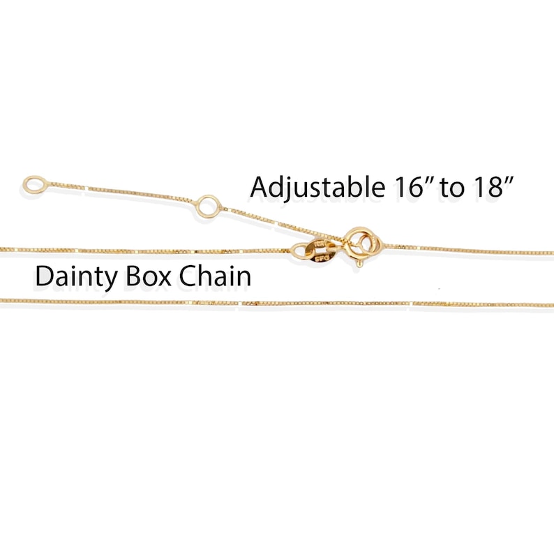 May include: A delicate gold-colored box chain necklace. The necklace is adjustable from 16 to 18 inches. The text "Dainty Box Chain" is displayed below the necklace.