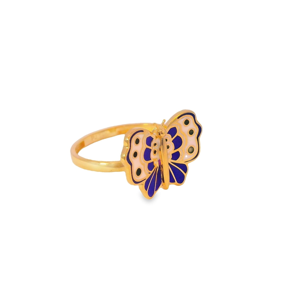 14k Solid Gold Blue Butterfly Ring, Hand-painted Animal Ring
