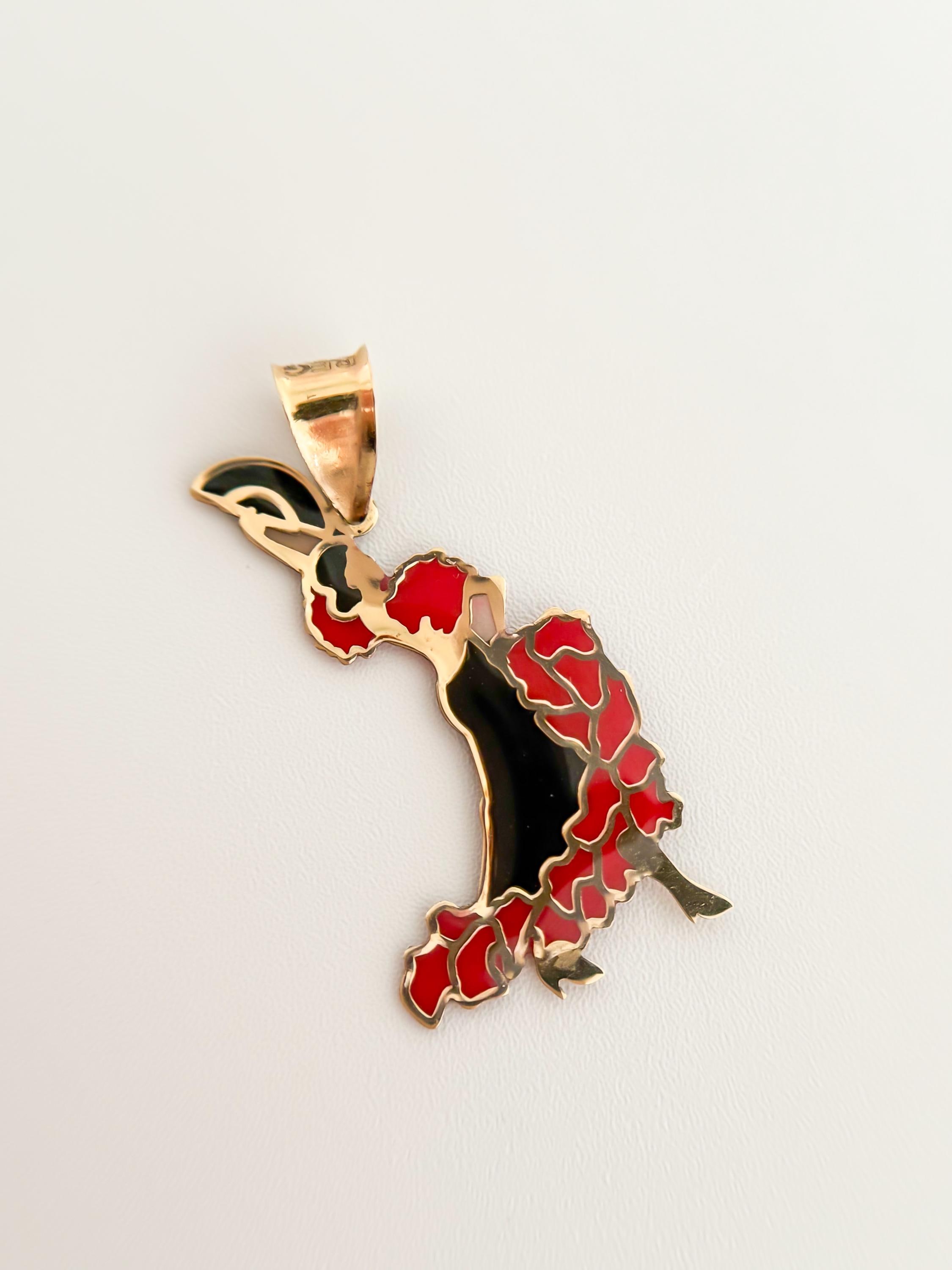 14k Solid Gold Tango, Salsa Pendant, Black & Red Enamel Necklace