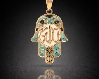 Hand-Painted Fatima Hand with Allah Calligraphy Pendant - 14k Solid Gold - Protective Amulet, Hand of Miriam, Hamsa Hand