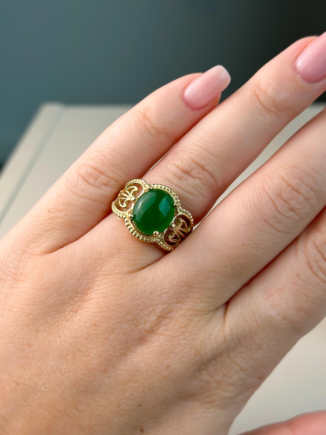 14k Solid Gold Dark Green Stone Fancy Ring, Gift for Her, Women ...