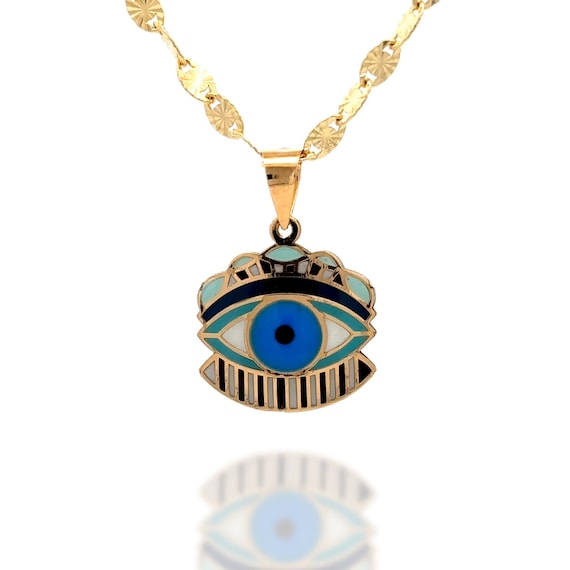 14k Solid Gold Evil Eye Pendant Hand-Painted Egyptian Charm Necklace - Protective Amulet,  Gift for Women, Her - Bad Eye