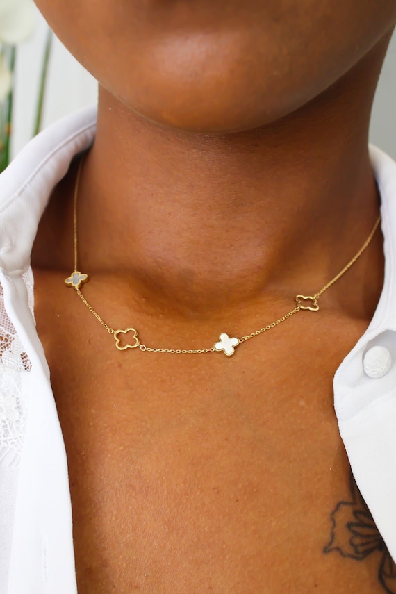 14k SOLID Gold White Flower, Clover Necklace, Gold Outline - 1mm Cable Chain 16" - 17", Gift for Women, Her Romantic Jewelry, 585, 14k Stamp