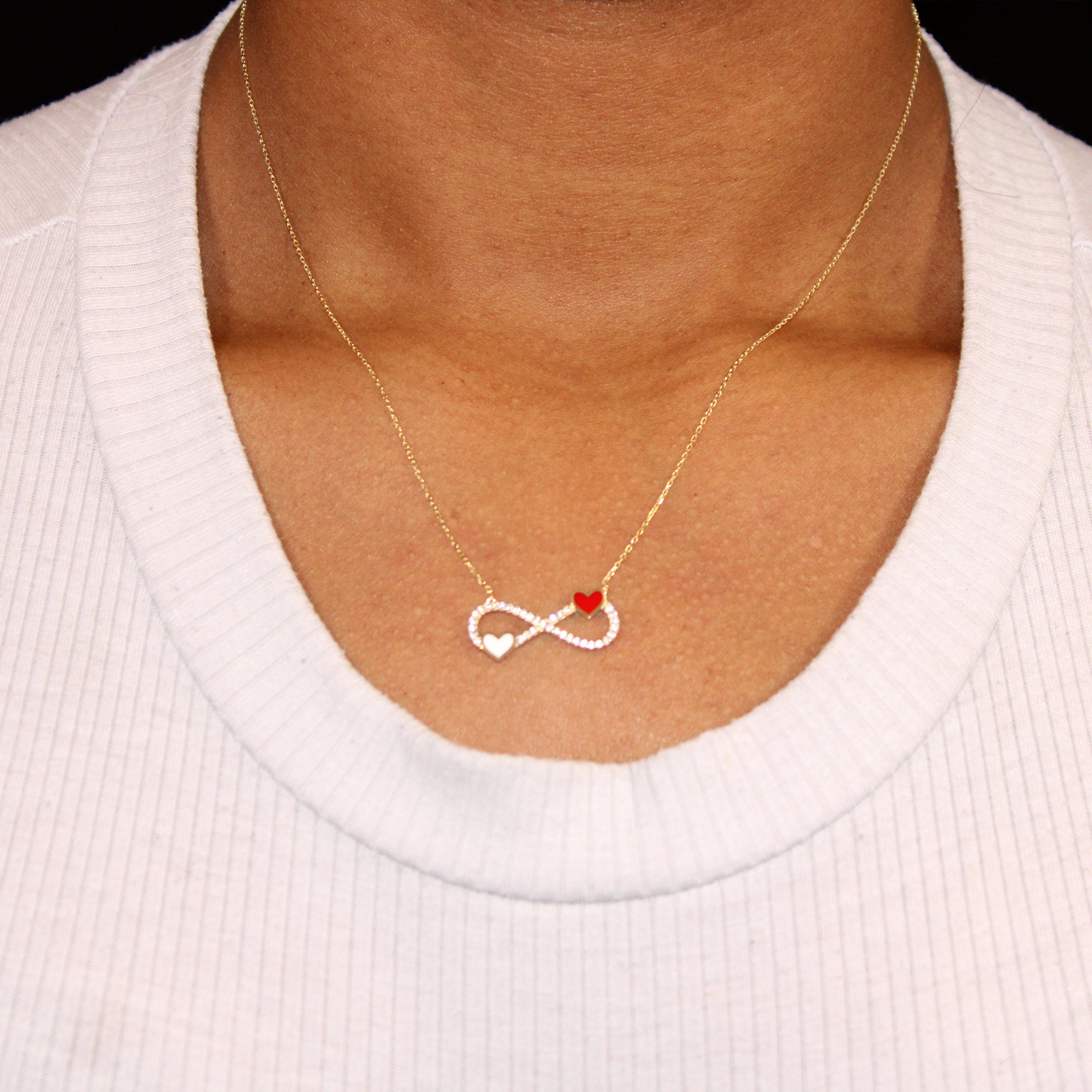 14k Yellow Gold Solid Red, Pink Heart Infinity Necklace With Cubic