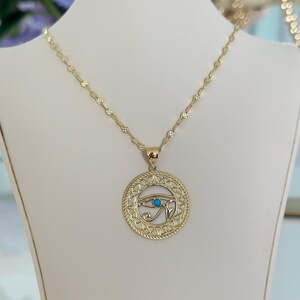 14k Solid Gold Egyptian Eye Pendant Enamel Charm Bad Eye Necklace, Blue Eye, Gift for Women, Protective Amulet, 585 Yellow Ring