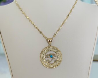 14k Solid Gold Egyptian Eye Pendant Enamel Charm Bad Eye Necklace, Blue Eye, Gift for Women, Protective Amulet, 585 Yellow Ring