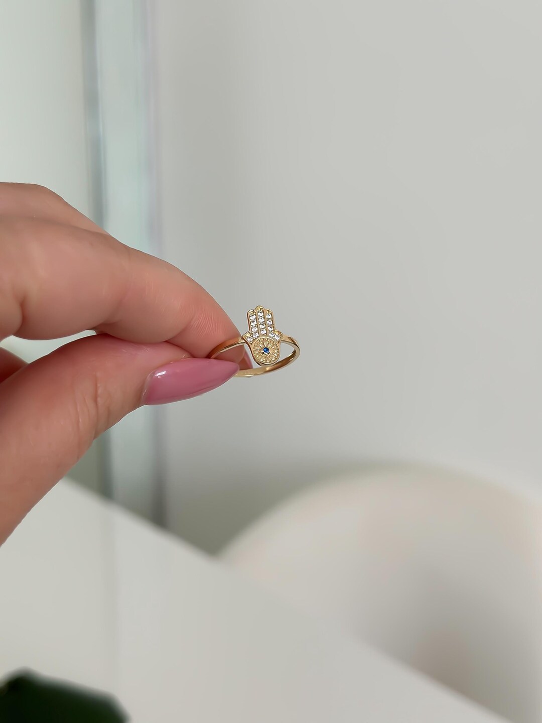 Hand Rings With Gold 14k Solid Gold Hamsa Hand Ring, Protective Ring With Cubic Zirconia ...