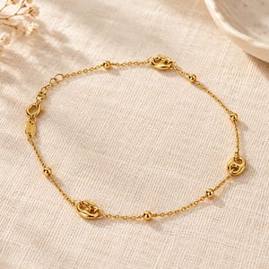 14k Solid Gold Dainty Mariner Station Bracelet, Puffed Anchor Links and Gold Beads on 1mm Satellite Chain, Adjustable 7 to 7.5 inch, Gift