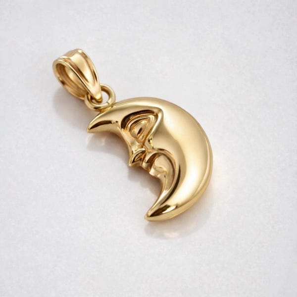 Colgante de luna amarilla en oro macizo de 14 quilates. Collar romántico, ideal como regalo para ella o mujer. Sello de autenticidad 585. Día de la Madre o cumpleaños.