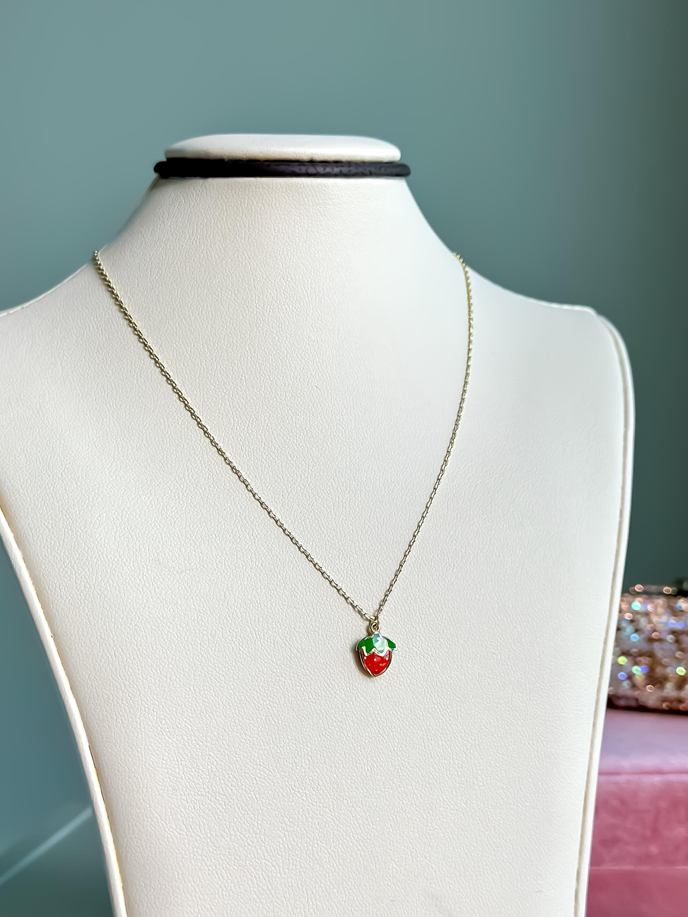 14k Solid Gold Kid, Baby Necklace, Cable Chain - Strawberry 14