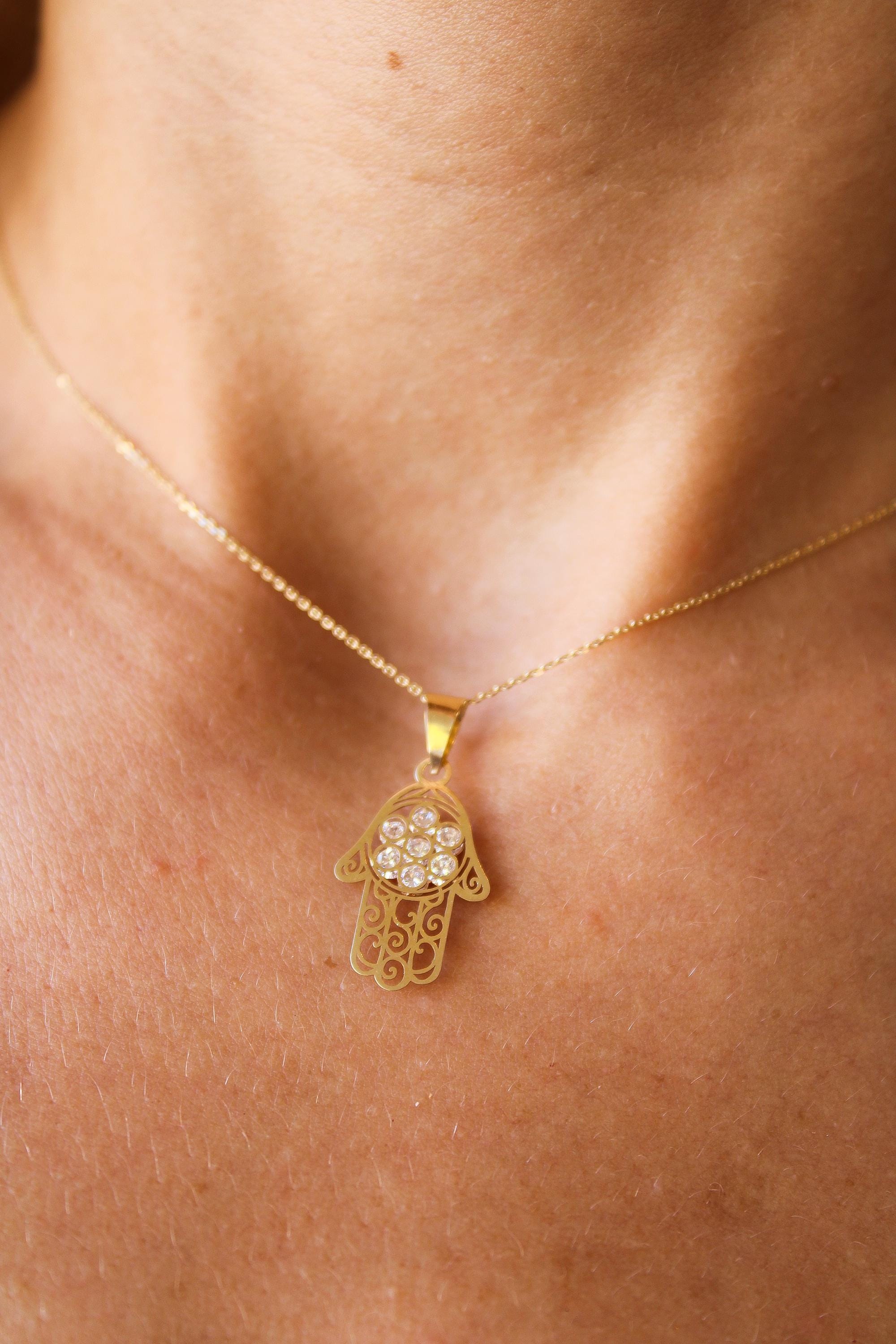 14k or 10k Solid Gold Hamsa Hand Pendant, Protective Charm With