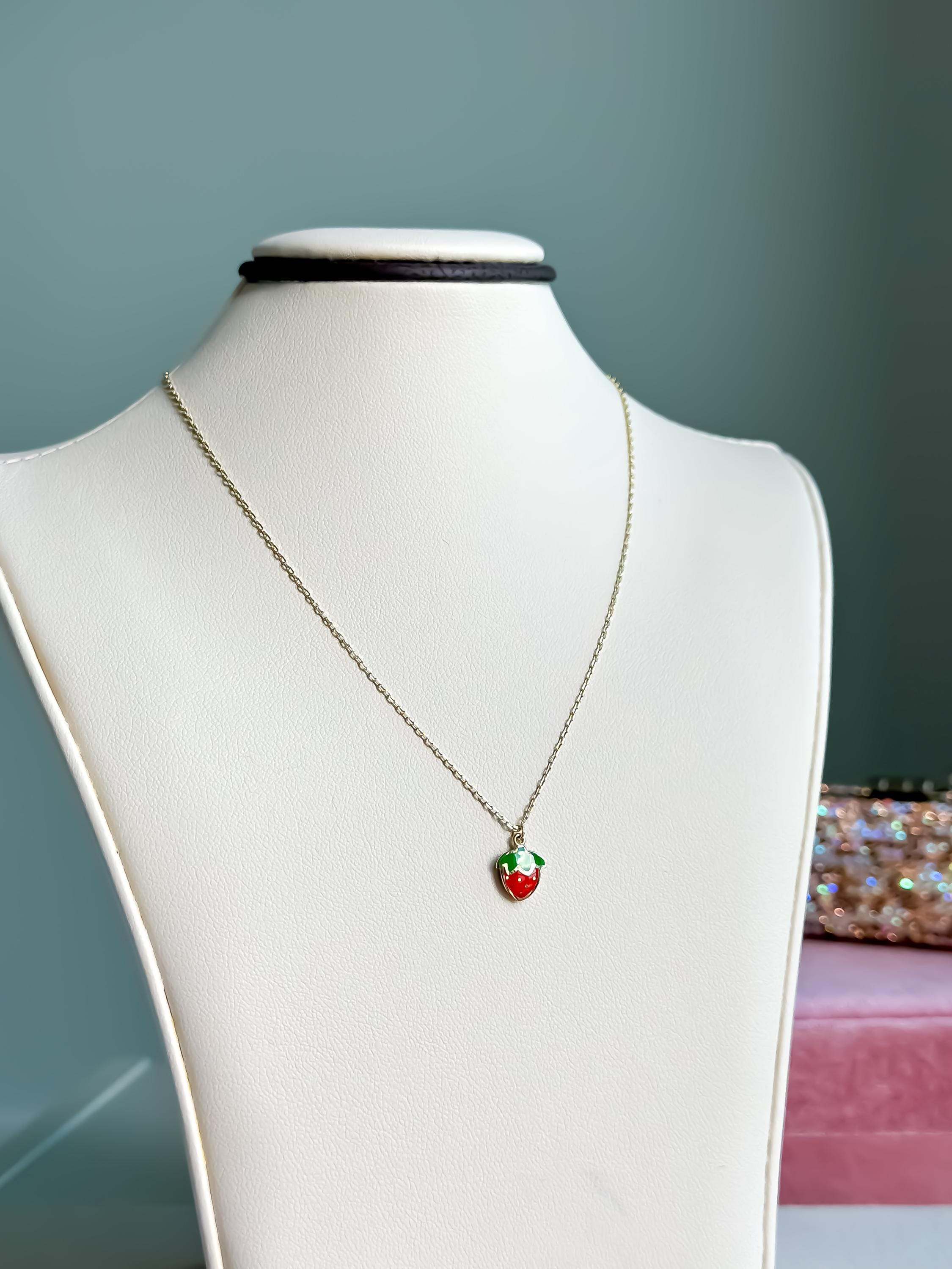 14k Solid Gold Kid, Baby Necklace, Cable Chain - Strawberry 14