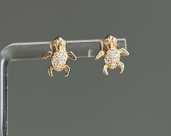 14K SOLID Gold Turtle Earrings with Cubic Zirconia Studs, Animal Jewelry - Gift for Women, Wife, Girl, Girlfriend