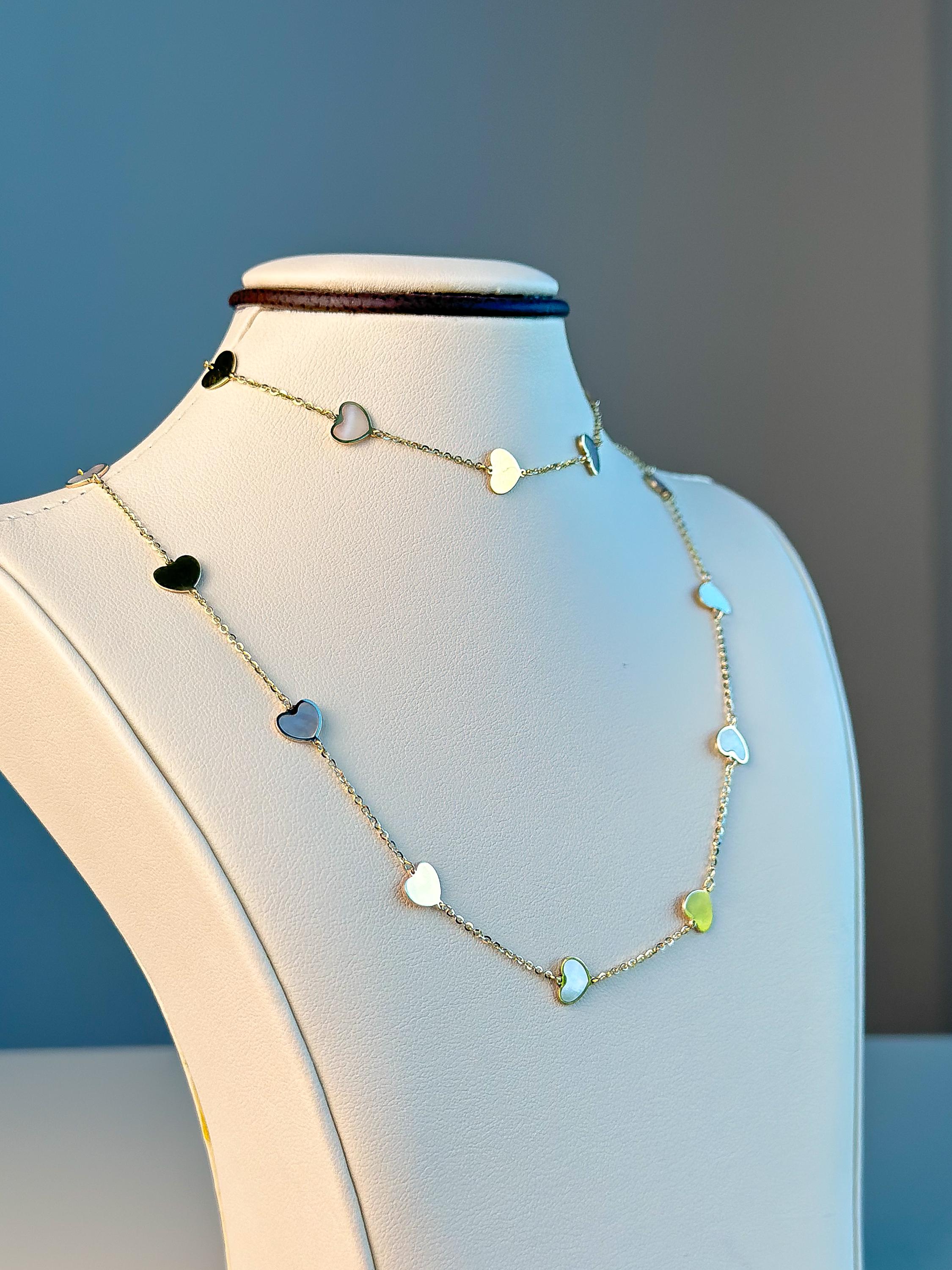 14k SOLID Gold Gold White Heart Necklace and Bracelet SET - 1mm 