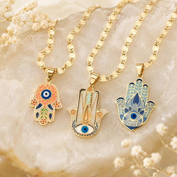 14K SOLID GOLD Evil Eye Hamsa Hand Pendant, Enamel Hand-painted