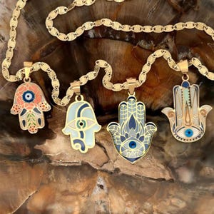 14K SOLID GOLD Evil Eye Hamsa Hand Pendant, Enamel Hand-Painted Charm, Hand of Fatima, Miriam, Gift for Her, Stamp 14k or 585 Hamsa Necklace