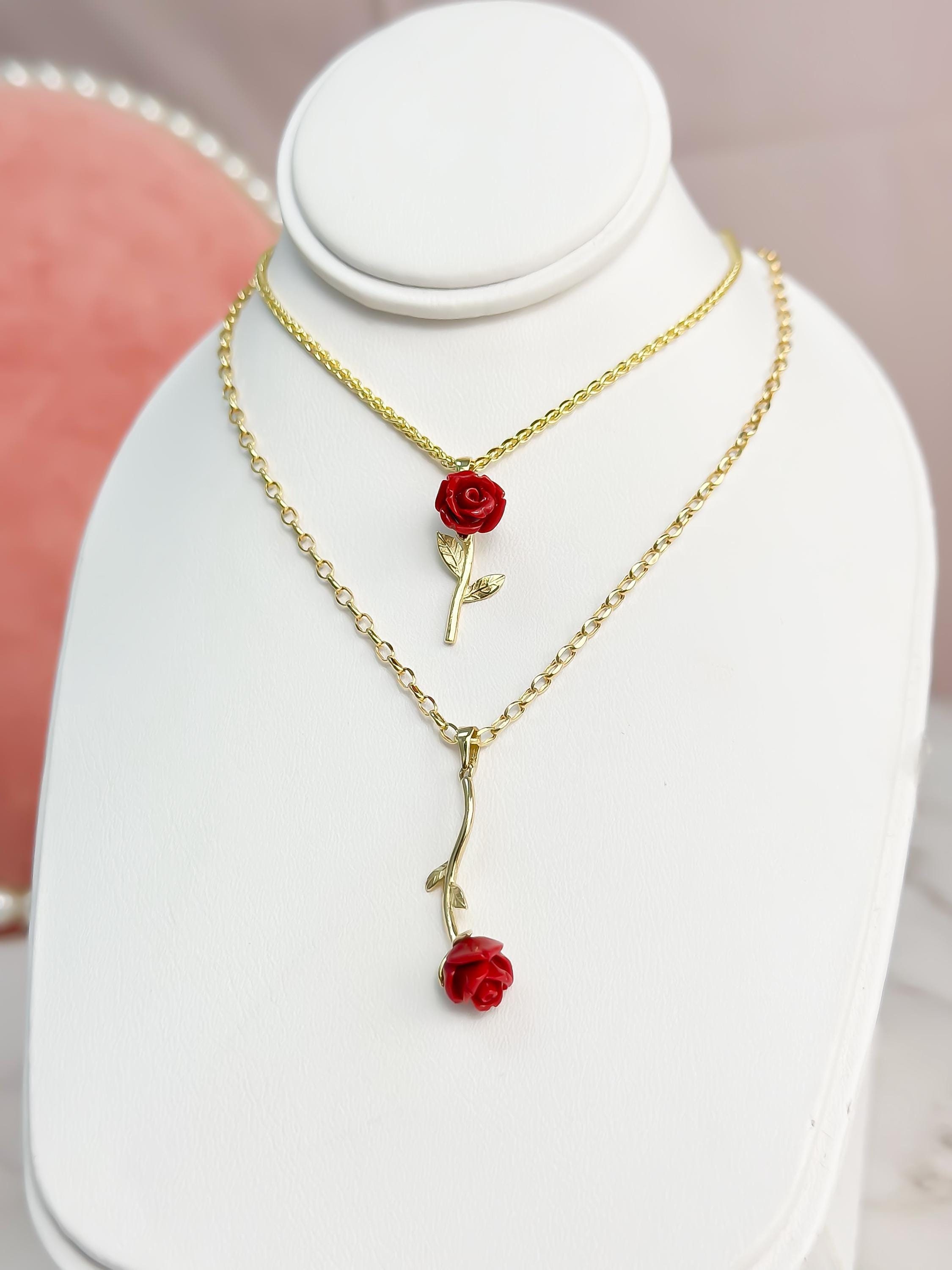 14k Solid Gold Red Rose Pendant, Flower, Plants Charm Necklace, Gift for Her, Romantic, Love Jewelry 585 Yellow Gold with Authenticity Stamp