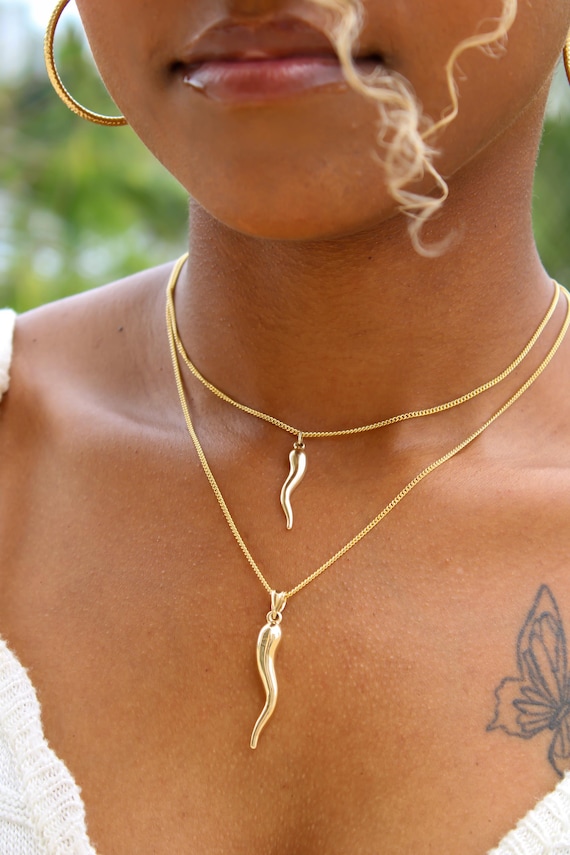 14k or 10k Solid Gold Italian Horn Pendant, Cornicello, Cornetto Charm Necklace, Yellow Gold Pepper Gift for Women, Her, 585 Authentic Stamp